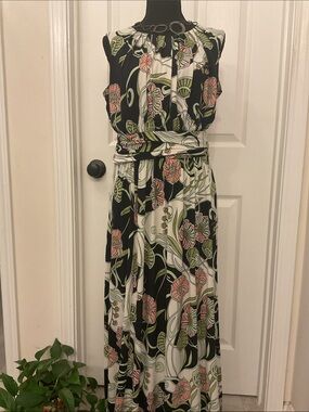 Enfocus Studio Black Maxi Dress with Pink Floral and Green Leaves